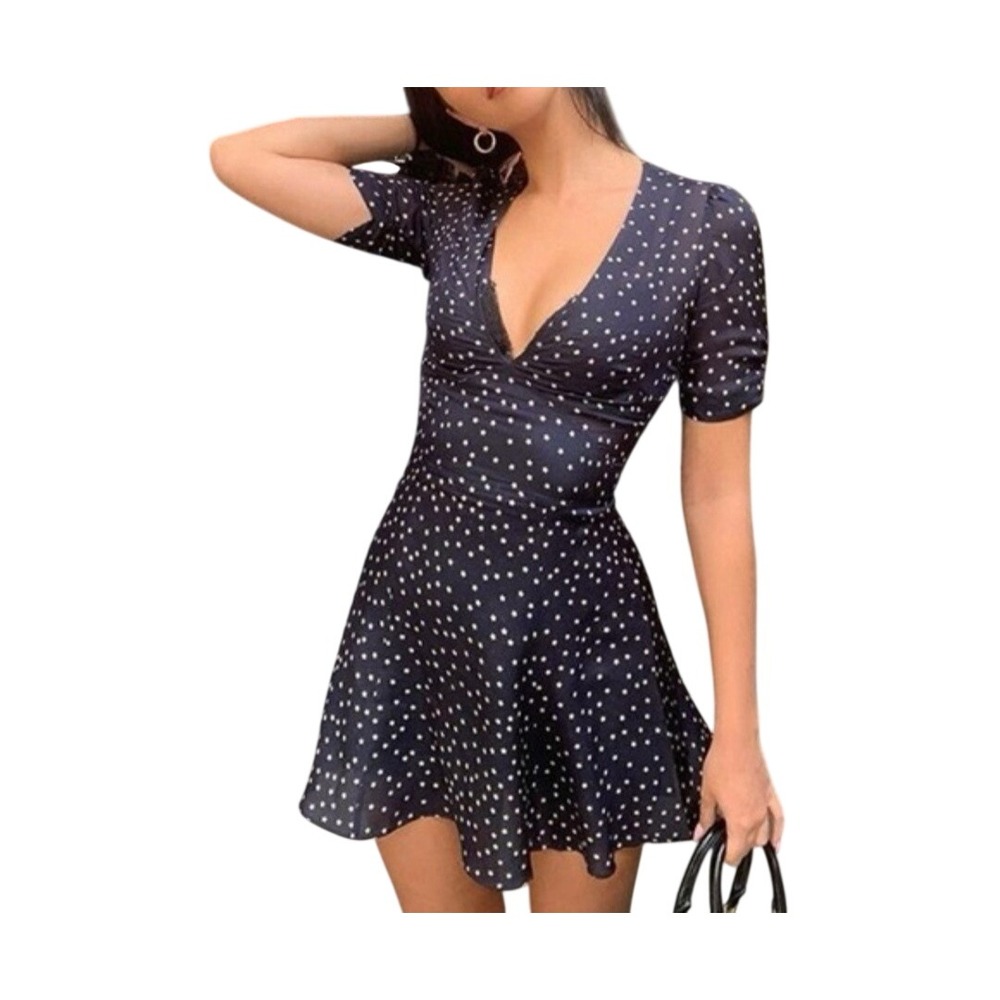 Realisation Par The Alexandra Navy Star Silk Mini Dress XXS V-Neck Short Sleeve